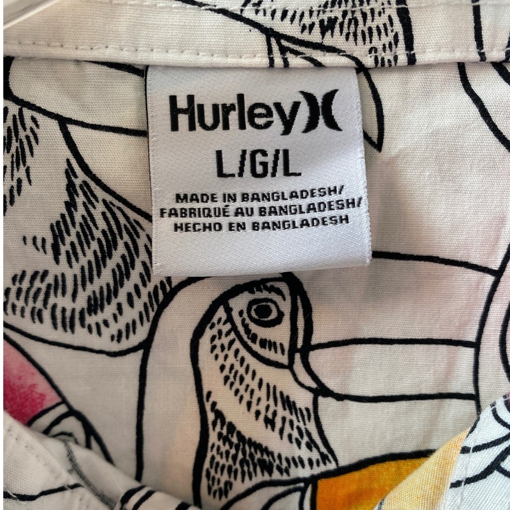 Hurley Mens Toucan Print Short Sleeve Button Down Shirt White Pink Large - Picture 4 of 9